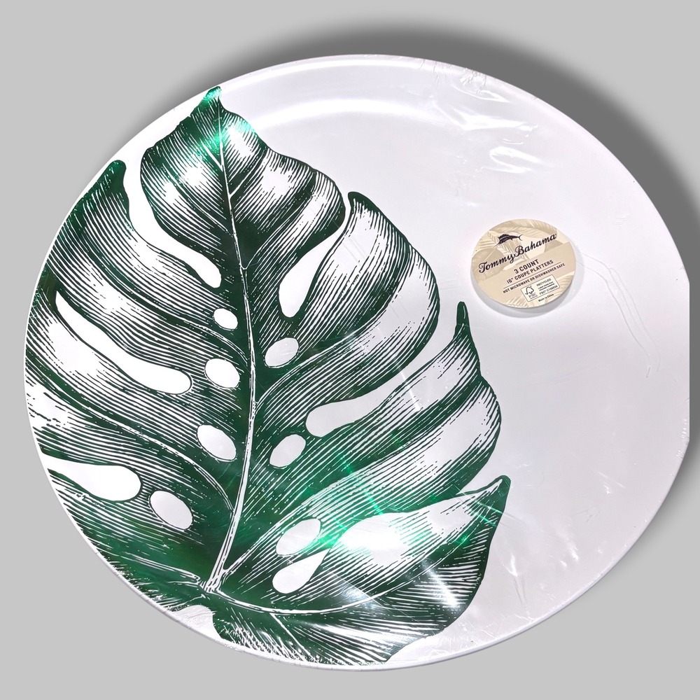 Tommy Bahama 3 Count 16‎ Inch Coupe Platters Green Monstera Leaf Tropical White